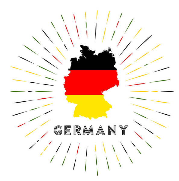 Germany sunburst badge. The country sign with map of Germany with German flag. Colorful rays around the logo. Vector illustration.