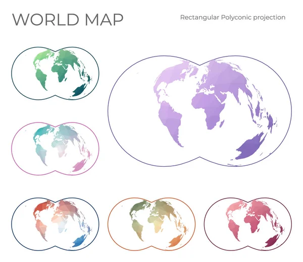Low Poly World Map Set Rectangular 28War Office Polyconic Projection — Stockvector