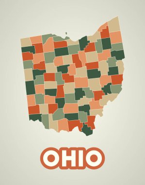 Ohio poster in retro style. Map of the us state with regions in autumn color palette. Shape of Ohio with us state name. Vibrant vector illustration.