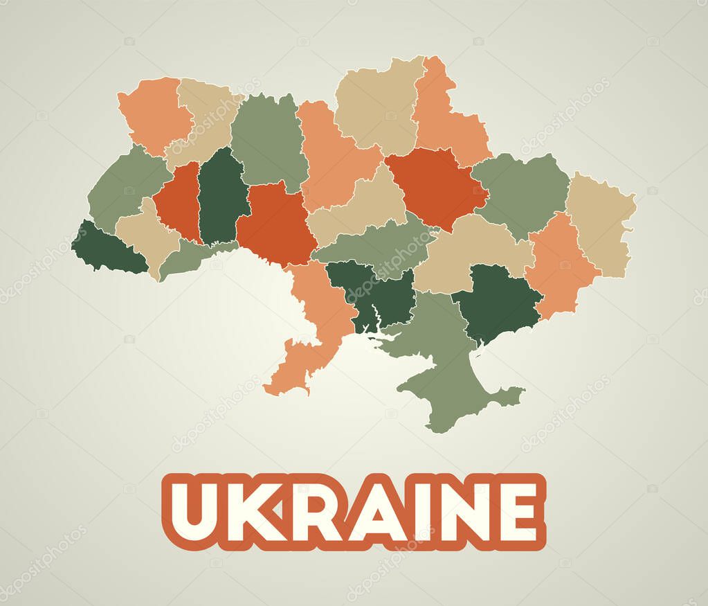 Ukraine poster in retro style. Map of the country with regions in autumn color palette. Shape of Ukraine with country name. Astonishing vector illustration.
