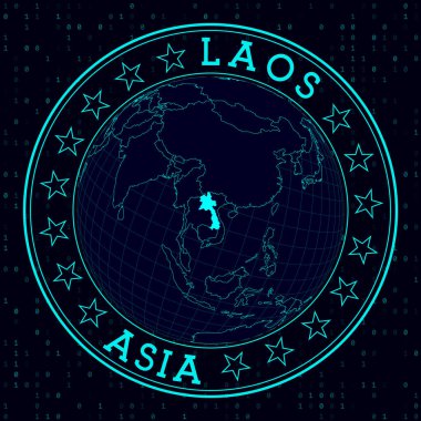 Laos yuvarlak işareti, Laos Ülke rozeti merkezli dünya için haritalı fütürist uydu görüntüsü