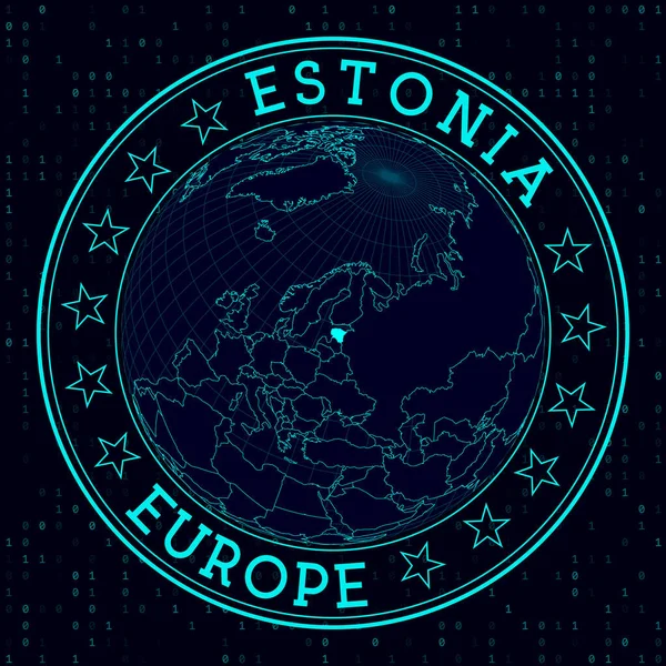 Estonya yuvarlak işareti ile Estonya Ülke rozeti merkezli dünya için fütürist uydu görüşü
