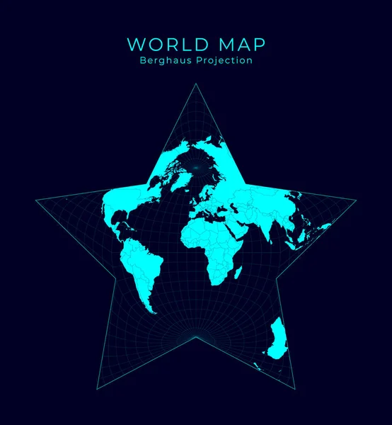 Map of The World Berghaus star projection Futuristic Infographic world illustration Bright cyan