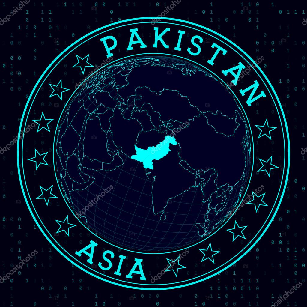 Pakistan round sign. Futuristic satelite view of the world centered to Pakistan. Country badge with map, round text and binary background. Classy vector illustration.