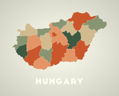Macaristan 'ın eski tarz ülke haritası. Sonbahar renk paleti şekilli bölgeleri var.