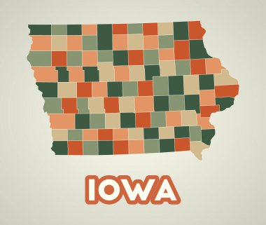 Iowa posteri Iowa 'nın sonbahar renk paleti şekilli bölgeleriyle Amerika' nın retro tarzı haritası