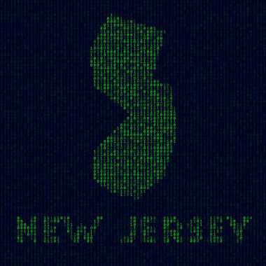 Dijital New Jersey logosu. ABD eyaleti. New Jersey 'nin bilgisayar korsanı tarzı ikili kod haritası.