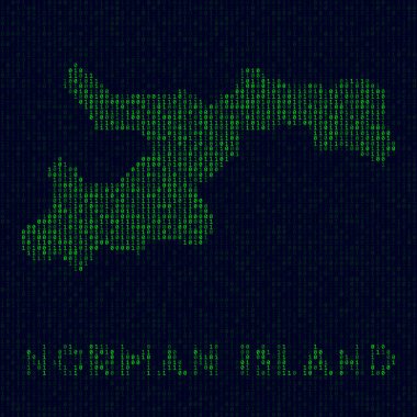 Norman Adası logo sembolü. Norman Adası 'nın bilgisayar korsanı tarzında ikili kod haritası.