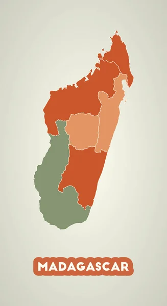 Madagaskar plakát v retro stylu Mapa země s regiony v podzimní barevné paletě — Stockový vektor