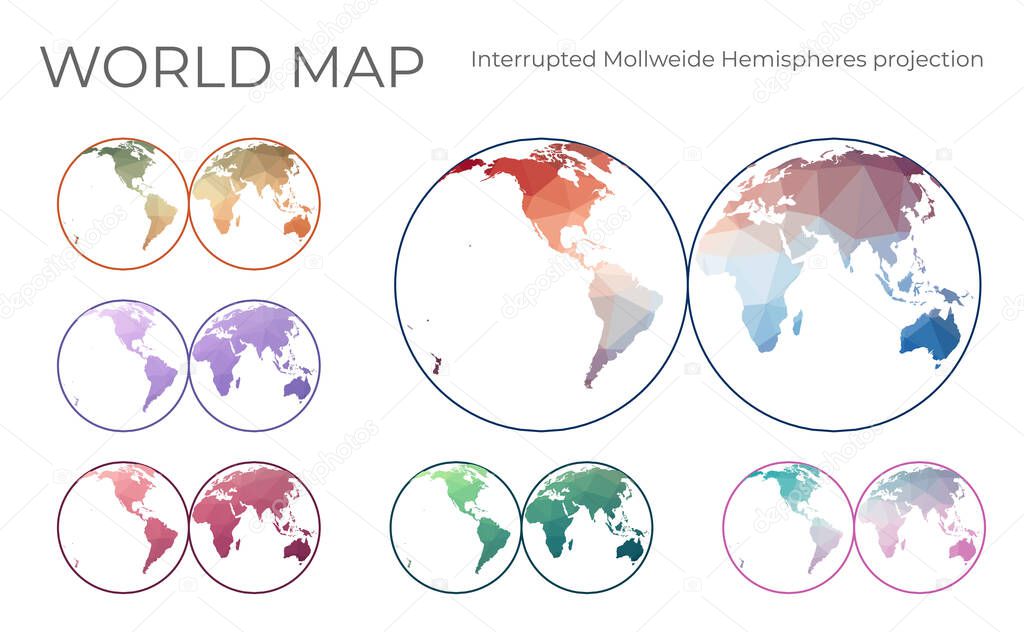 Low Poly World Map Set. Mollweide projection interrupted into two %28equal-area%29 hemispheres. Collection of the world maps in geometric style. Vector illustration.