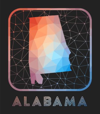 Alabama map design. Vector low poly map of the us state. Alabama icon in geometric style. The us state shape with polygnal gradient and mesh on dark background.