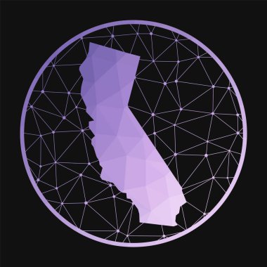 California icon. Vector polygonal map of the us state. California icon in geometric style. The us state map with purple low poly gradient on dark background.