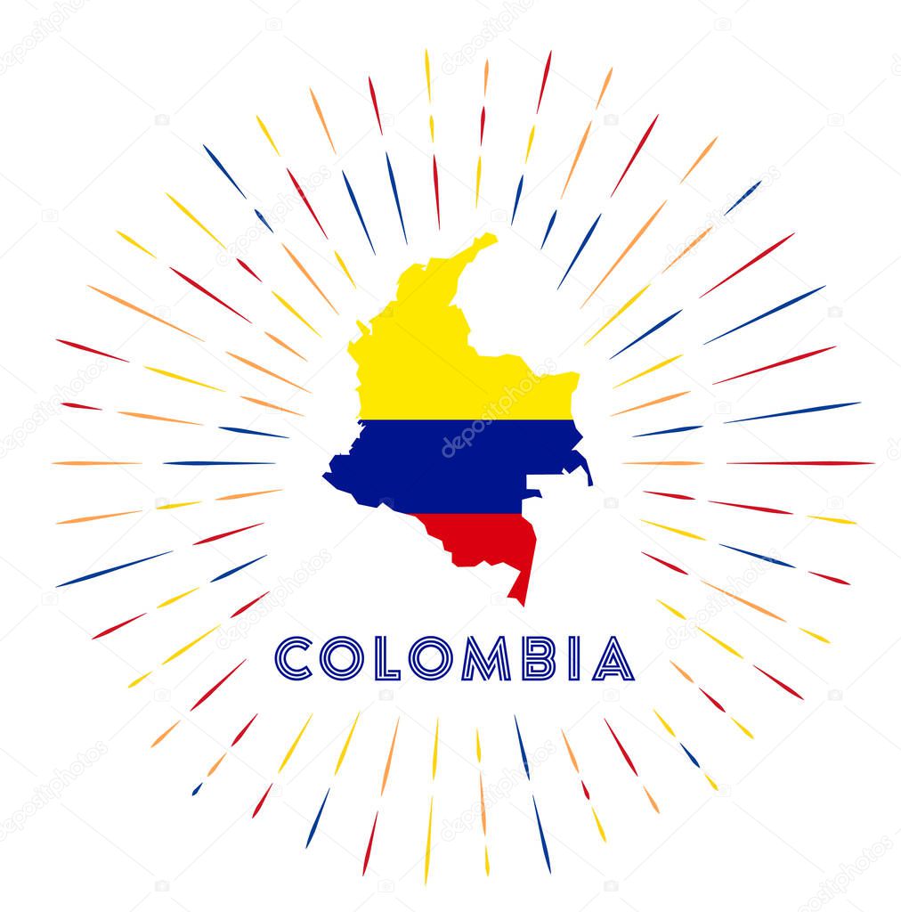 Colombia sunburst badge. The country sign with map of Colombia with Colombian flag. Colorful rays around the logo. Vector illustration.