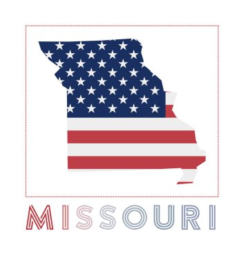 Missouri Logo. Map of Missouri with us state name and flag. Classy vector illustration.