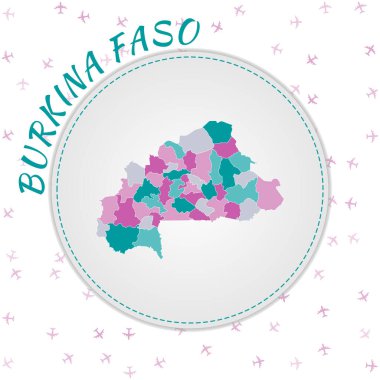 Burkina Faso map design. Map of the country with regions in emerald-amethyst color palette. Rounded travel to Burkina Faso poster with country name and airplanes background.