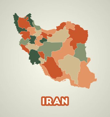 Iran poster in retro style. Map of the country with regions in autumn color palette. Shape of Iran with country name. Modern vector illustration.