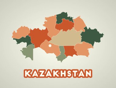 Kazakhstan poster in retro style. Map of the country with regions in autumn color palette. Shape of Kazakhstan with country name. Vibrant vector illustration.