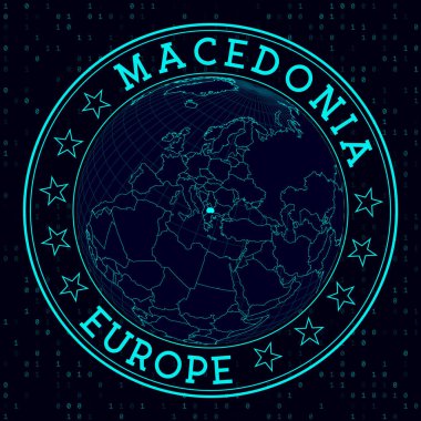 Macedonia round sign. Futuristic satelite view of the world centered to Macedonia. Country badge with map, round text and binary background. Elegant vector illustration.