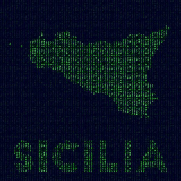 Logo Digital Sicilia Símbolo Isla Estilo Hacker Mapa Código Binario — Vector de stock