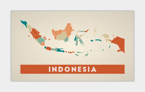 Ινδονησιακή Αφίσα Χάρτης Της Χώρας Πολύχρωμες Περιοχές Σχήμα Της Ινδονησίας — Διανυσματικό Αρχείο