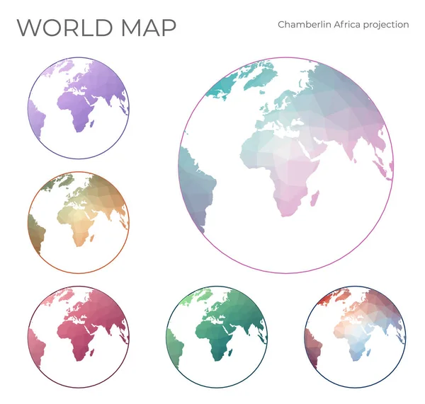 Low Poly World Map Set Chamberlin projectie voor Afrika projectie Verzameling van de wereldkaarten in — Stockvector