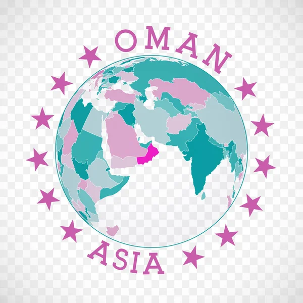 Oman round logo Insignia de país con mapa de Omán en el contexto mundial Sello de etiqueta con — Vector de stock