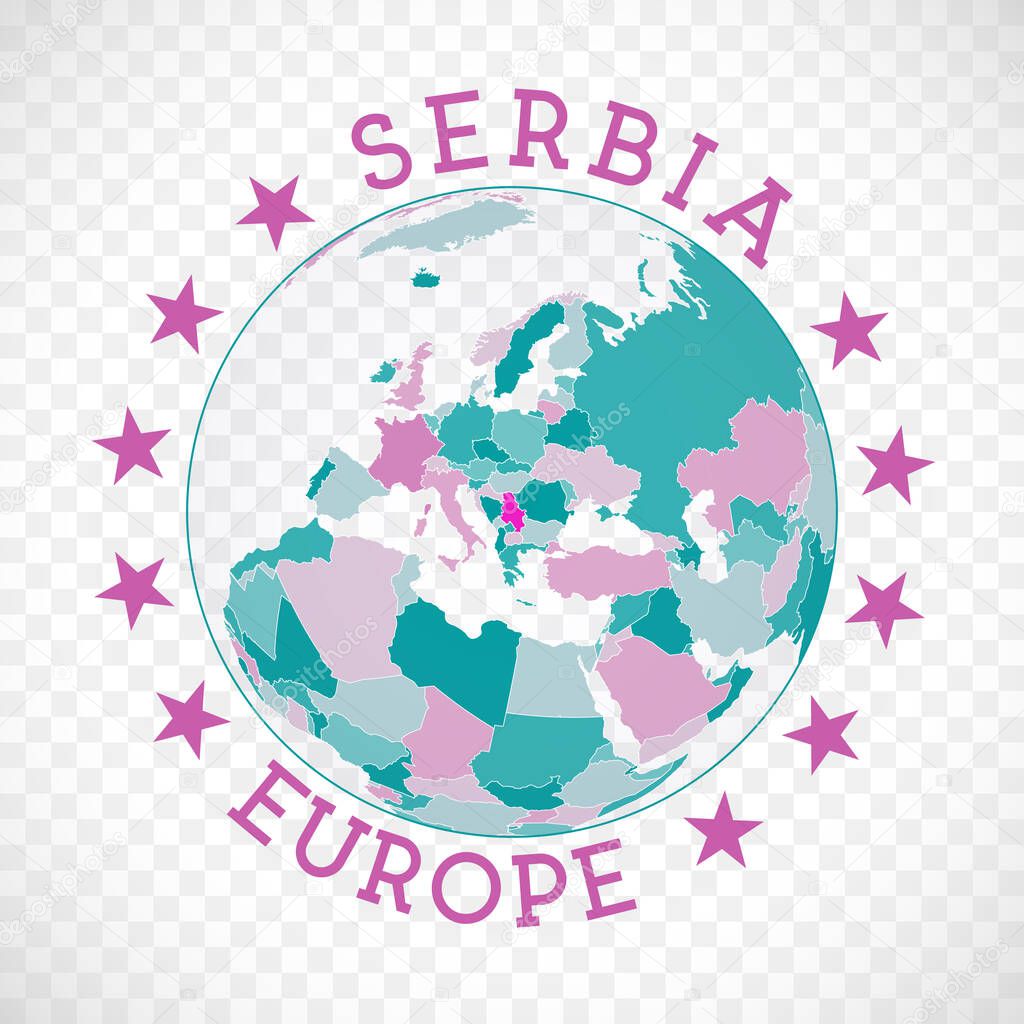 Serbia round logo Badge of country with map of Serbia in world context Country sticker stamp with