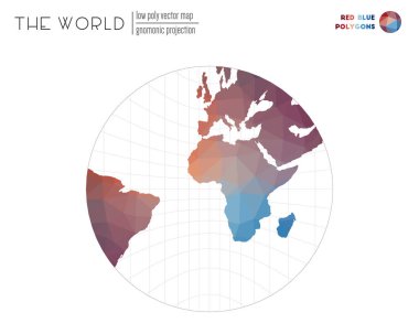 Abstract world map. Gnomonic projection of the world. Red Blue colored polygons. Energetic vector illustration.