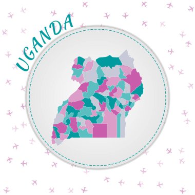 Uganda map design. Map of the country with regions in emerald-amethyst color palette. Rounded travel to Uganda poster with country name and airplanes background. Modern vector illustration.