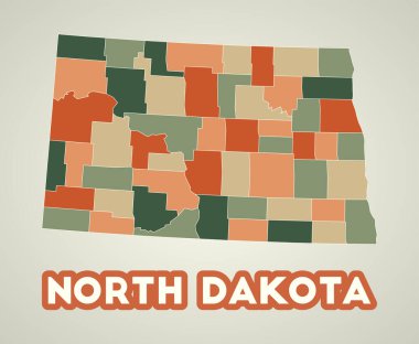 Kuzey Dakota posteri eski moda. Amerika 'nın sonbahar renk paletindeki bölgelerinin haritası. Kuzey Dakota 'nın şekli ve eyalet adımız. Modern vektör illüstrasyonu.
