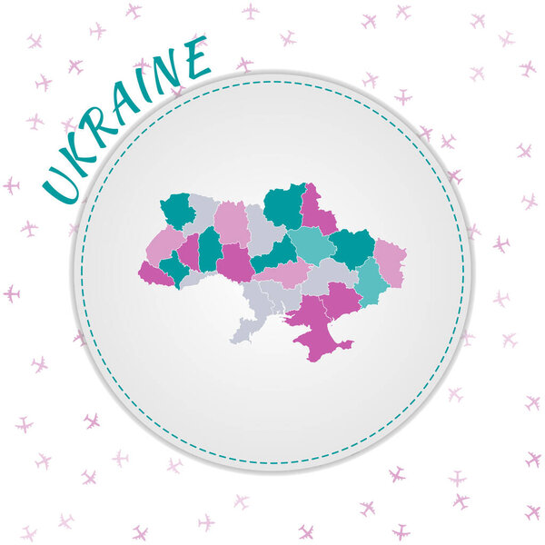 Ukraine map design. Map of the country with regions in emerald-amethyst color palette. Rounded travel to Ukraine poster with country name and airplanes background. Neat vector illustration.