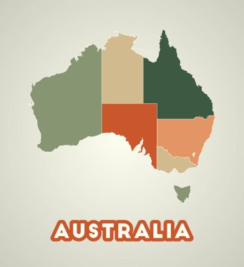 Australia poster in retro style. Map of the country with regions in autumn color palette. Shape of Australia with country name. Modern vector illustration.
