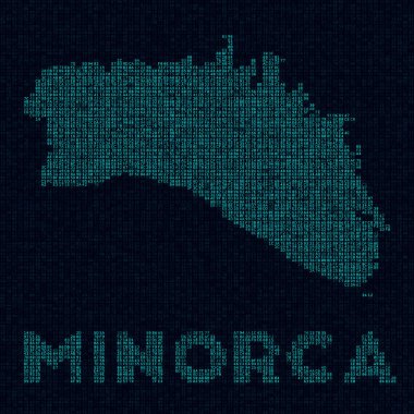 Minorca tech map. Island symbol in digital style. Cyber map of Minorca with island name. Superb vector illustration.