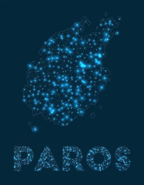 Paros network map. Abstract geometric map of the island. Internet connections and telecommunication design. Captivating vector illustration.