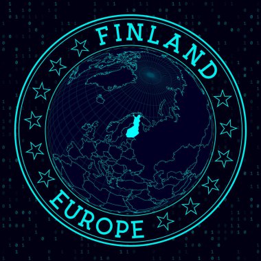 Finland round sign. Futuristic satelite view of the world centered to Finland. Country badge with map, round text and binary background. Beautiful vector illustration.