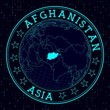 Afganistan yuvarlak işareti. Afganistan 'ın merkezindeki dünyaya dair fütürist uydu görüşü. Haritalı ülke rozeti, yuvarlak metin ve ikili arkaplan. İnanılmaz vektör illüstrasyonu.
