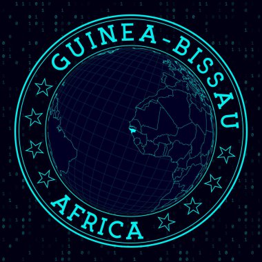 Gine-Bissau yuvarlak işareti. Gine-Bissau 'nun merkezindeki dünyanın gelecekteki uydu görüntüsü. Haritalı ülke rozeti, yuvarlak metin ve ikili arkaplan. Parlak vektör illüstrasyonu.