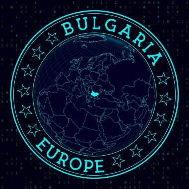 Bulgaristan yuvarlak işareti. Bulgaristan 'ın merkezindeki dünyaya dair fütürist uydu görüşü. Haritalı ülke rozeti, yuvarlak metin ve ikili arkaplan. Güçlü vektör illüstrasyonu.