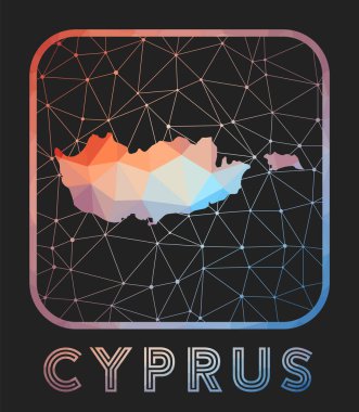 Kıbrıs haritası tasarımı. Ülkenin düşük vektör poli haritası. Geometrik tarzda Kıbrıs ikonu. Koyu arkaplan üzerinde çokgenli gradyan ve örgülü ülke şekli.