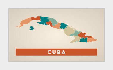 Cuba poster. Map of the country with colorful regions. Shape of Cuba with country name. Vibrant vector illustration.