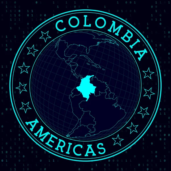 Signo Redondo Colombia Vista Satelite Futurista Del Mundo Centrada Colombia — Vector de stock