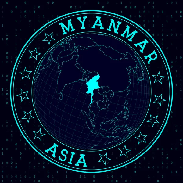 ミャンマーラウンドサイン ミャンマーを中心とした世界の未来的衛星観 丸テキストとバイナリの背景を持つ国のバッジ いいベクトルイラスト — ストックベクタ