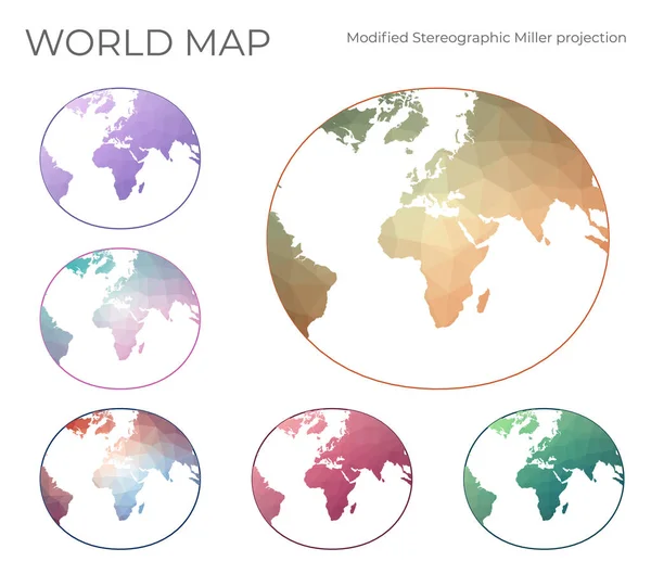 Low Poly World Map Set Modified Stereographic Projection Europe Africa — 图库矢量图片