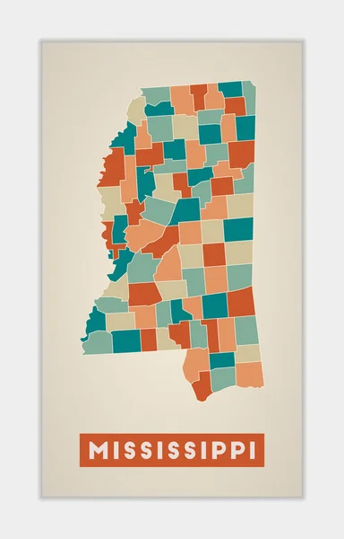 Cartel Mississippi Mapa Del Estado Los Con Regiones Coloridas Forma — Vector de stock