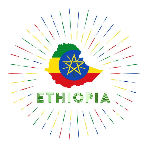 Odznak Etiopie Sunburst Značka Země Mapou Etiopie Etiopskou Vlajkou Barevné — Stockový vektor