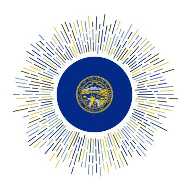 Nebraska sign. Us state flag with colorful rays. Radiant sunburst with Nebraska flag. Vector illustration.