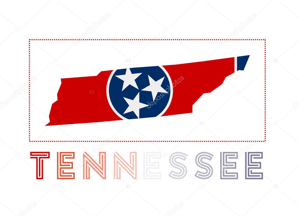 Tennessee Logo. Map of Tennessee with us state name and flag. Appealing vector illustration.