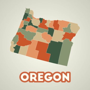Oregon posteri eski moda. Amerika 'nın sonbahar renk paletindeki bölgelerinin haritası. Oregon 'un şekli ve eyalet adımız. Vektör illüstrasyonu çağrıştırılıyor.