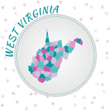 West Virginia map design. Map of the us state with regions in emerald-amethyst color palette. Rounded travel to West Virginia poster with us state name and airplanes background.