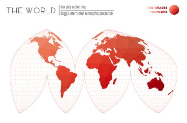 World map in polygonal style. Bogg%27s interrupted eumorphic projection of the world. Red Shades colored polygons. Stylish vector illustration.